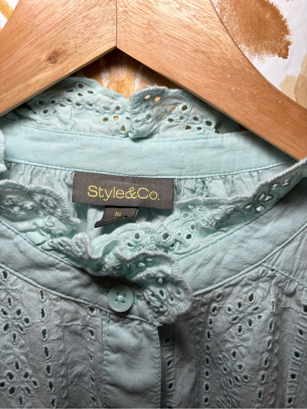 Mint Eyelet Blouse Women | Embroidered Boho Top Puff Sleeve Cottagecore - Picture 4 of 11